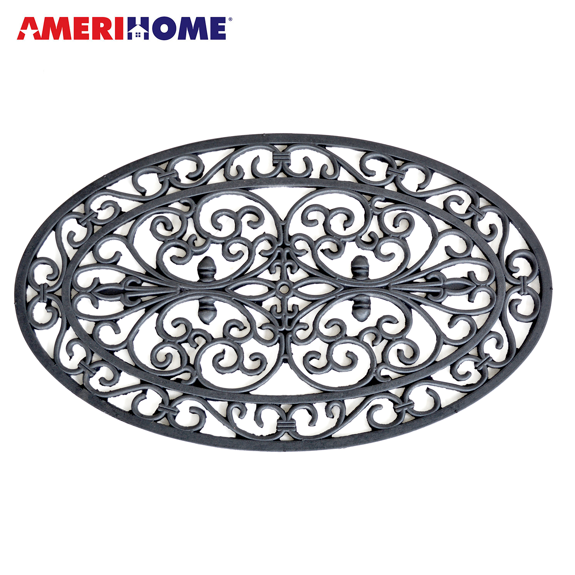 AMERIHOME, Decorative Scrollwork Rubber Entry Mat Oval Shape, Width 30 in, Length 18 in, Thickness 7/16 in, Model# RMATOV